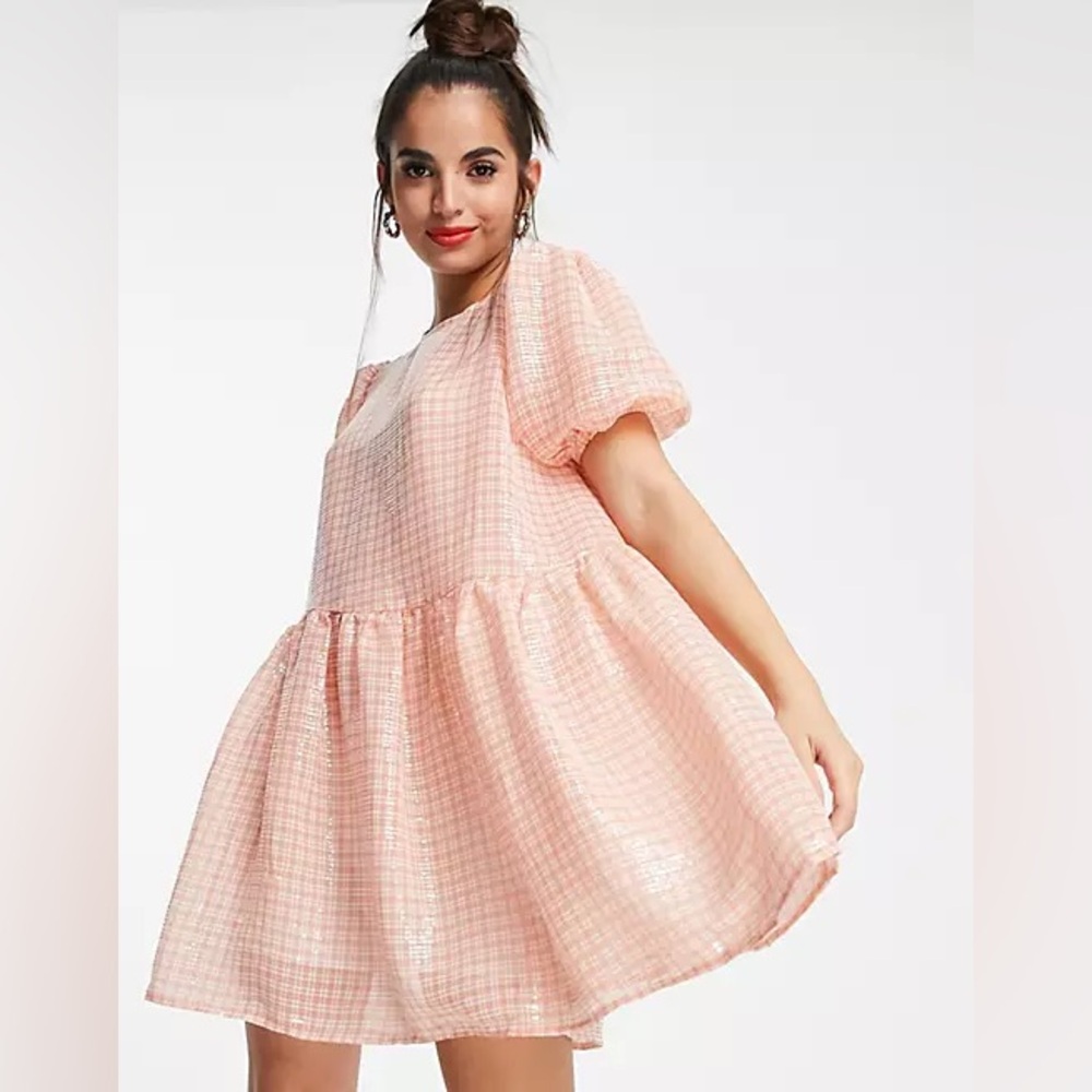 Peach Gingham Mini Dress with Puff Sleeves - Picture 4 of 16